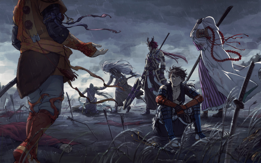 6+boys absurdres adjusting_hood antlers arm_guards armor arms_at_sides arrow_(projectile) bare_shoulders battlefield bead_necklace beads black_gloves black_hair black_hakama black_pants black_shirt black_socks blood blood_on_clothes blurry broken_arrow brown_hair cloud cloudy_sky coat corpse depth_of_field english_commentary exhausted floating_hair gloves grass grey_hair hakama hand_on_another's_arm hand_up head_out_of_frame highres holding holding_polearm holding_weapon hood hood_up igote iwatooshi japanese_armor japanese_clothes jewelry katana kimono kneehighs knees_up kote kusazuri layered_sleeves long_hair long_sleeves looking_at_another looking_to_the_side looking_up low-tied_long_hair low_ponytail male_focus mixed-language_commentary multiple_boys mutsu-no-kami_yoshiyuki necklace nikkari_aoe on_ground on_one_knee orange_footwear outdoors own_hands_together pants pants_tucked_in parted_lips pelt planted planted_arrow planted_sword polearm pom_pom_(clothes) ponytail prayer_beads pulling purple_kimono rain reaching red_hair ribbon-trimmed_sleeves ribbon_trim sash scar scar_on_cheek scar_on_face sheath sheathed shin_guards shirt shoe_soles short_hair short_over_long_sleeves short_sleeves shoulder_sash sitting sky sleeveless socks spear standing suneate sword tabi tassel tonbokiri_(touken_ranbu) touken_ranbu unsheathed vdmaler very_long_hair walking weapon white_coat white_hair white_pants white_socks wide_sleeves wind yamabushi_kunihiro