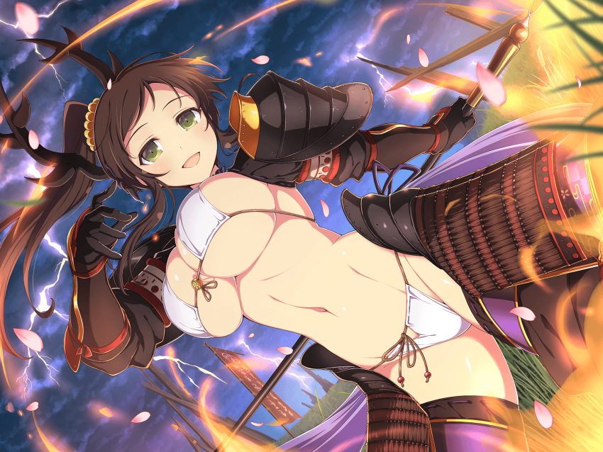 1girl armor battlefield beads bikini bikini_armor black_gloves black_thighhighs blush breasts brown_hair cherry_blossoms cleavage cloud cloudy_sky dark_clouds electricity falling_petals field fire flag front-tie_bikini_top front-tie_top gloves grass green_eyes groin hair_beads hair_ornament highres holding holding_polearm holding_weapon horns huge_breasts japanese_armor kote kurokote kusazuri lightning linea_alba long_hair looking_at_viewer mask micro_bikini midriff murakumo_(senran_kagura) navel official_alternate_costume official_art open_mouth overcast pauldrons petals polearm polearm_behind_back revealing_clothes senran_kagura senran_kagura_new_link senran_kagura_shinovi_versus shiny_skin shoulder_armor side_ponytail skindentation sky smile sode solo stomach storm storm_cloud strap_gap string_bikini swimsuit thighhighs thong thong_bikini toned tongue underboob unworn_mask weapon white_bikini yaegashi_nan