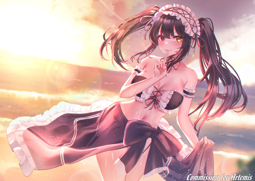 1girl absurdres bare_shoulders beach bikini black_bikini black_hair breasts cleavage clock_eyes commission date_a_live english_text finger_to_mouth hairband highres kohaku_komeiji large_breasts lolita_fashion lolita_hairband looking_at_viewer naughty_face navel ocean outdoors red_eyes roman_numeral sarong seductive_smile smile solo swimsuit symbol-shaped_pupils tokisaki_kurumi twintails uneven_twintails water yellow_eyes