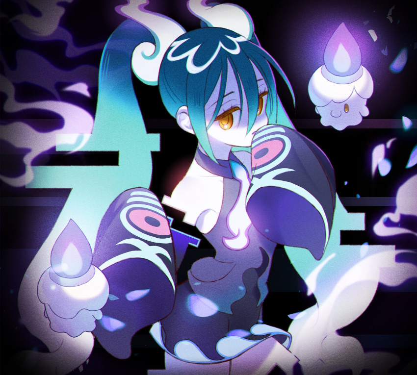 1girl bare_shoulders blue_hair ghost ghost_miku_(project_voltage) grey_shirt hair_between_eyes hatsune_miku highres litwick long_hair necktie pale_skin pokemon pokemon_(creature) project_voltage saeangnim see-through see-through_skirt shirt skirt sleeves_past_wrists twintails very_long_hair vocaloid will-o'-the-wisp_(mythology) yellow_eyes