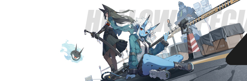 1boy 2girls animal_ears artist_request axe blue_oni blue_skin blunt_bangs braid collared_jacket collared_shirt colored_skin crate crossed_legs demon_tail ear_piercing gauntlets green_hair grin hair_between_eyes hammer highres holding holding_axe holding_sword holding_weapon horns hoshimi_miyabi jacket jacket_on_shoulders long_hair long_sleeves looking_back multiple_girls necktie official_art oni oni_horns piercing pleated_skirt pointy_ears red_eyes shirt short_hair skirt smile soukaku_(zenless_zone_zero) sword tail thighhighs transparent_background weapon white_hair wrist_cuffs zenless_zone_zero