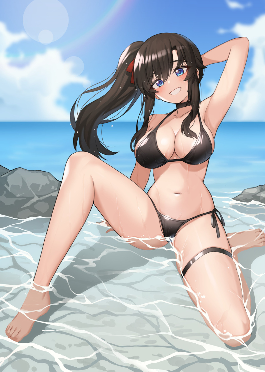:d absurdres arm_behind_head barefoot bikini black_bikini black_choker blue_eyes blush breasts brown_hair choker cloud cloudy_sky collarbone commission feet female_commander_(girls'_frontline) full_body girls'_frontline hat highres large_breasts legs lens_flare long_hair nanni_jjang navel ocean open_mouth outdoors red_ribbon ribbon rock side_ponytail sitting sky smile solo swimsuit termichan_(not-a-bot) thigh_strap thighs toes wet