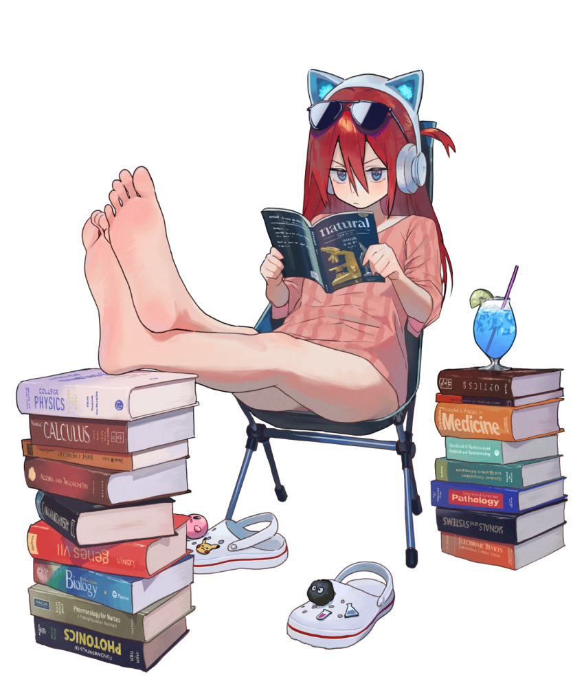 1girl bare_legs barefoot blue_eyes book chair clogs closed_mouth commentary_request drinking_straw eyewear_on_head feet feet_up food fruit glass hair_between_eyes headphones highres hipa_(some1else45) holding holding_book lime_(fruit) lime_slice long_hair looking_at_viewer original pink_shirt red_hair shirt sitting soles solo some1else45 sunglasses toes white_background