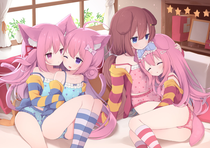 4girls ahoge animal_ear_fluff animal_ears arashiya ass azur_lane blue_camisole blue_eyes blue_panties blue_socks bow breast_pillow breasts brown_hair camisole cardigan cat_ears cat_girl cat_tail closed_eyes commission commissioner_upload couch creator_connection cuddling curtains dog_ears dog_girl dog_tail dual_persona eye_mask fumizuki_(azur_lane) hair_bow hair_bun hair_ornament hairclip hand_on_another's_head hug hug_from_behind if_they_mated indie_virtual_youtuber indoors ips_cells kisaragi_(azur_lane) kneehighs knees_up long_hair low_twintails lying lying_on_person multiple_girls off_shoulder on_side one_eye_closed one_side_up open_mouth panties petting pillow pink_camisole pink_eyes pink_hair pink_panties pink_socks print_camisole print_panties purple_eyes ribbon sitting skeb_commission sleeping small_breasts smile socks strap_slip striped striped_cardigan striped_socks tail thighs twintails underwear usagi_nono very_long_hair virtual_youtuber window