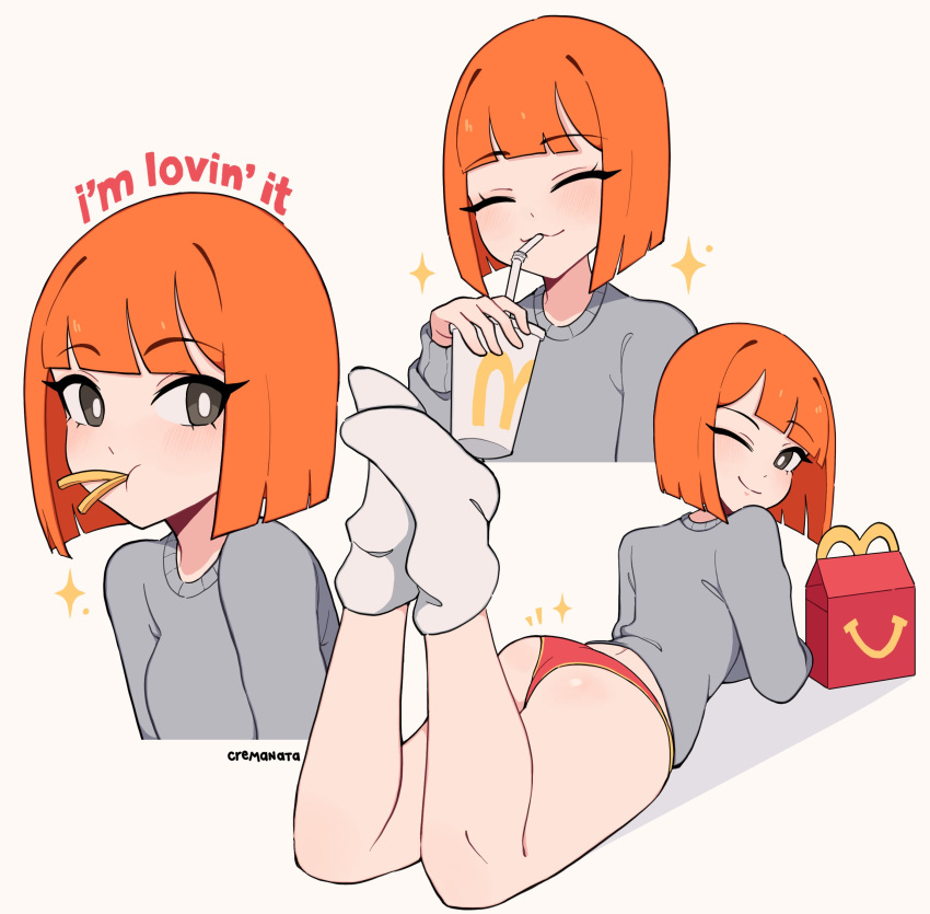 1girl :3 =_= absurdres artist_name ass blunt_bangs bob_cut bright_pupils commentary cremanata cup disposable_cup english_commentary feet_up food food_in_mouth french_fries grey_sweater highres holding holding_cup long_sleeves looking_at_viewer lying mcdonald's mother_(yoru_mac) multiple_views no_shoes on_stomach one_eye_closed orange_hair panties red_panties short_hair simple_background socks sweater thighs underwear white_background white_pupils white_socks yoru_mac