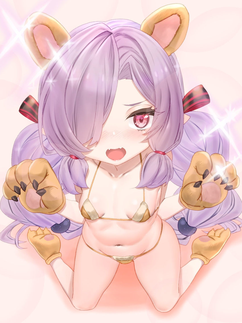1girl animal_ears animal_hands bikini blush breasts claws collarbone commentary_request fake_animal_ears fangs full_body gloves gold_bikini granblue_fantasy hair_over_one_eye hair_over_shoulder hair_ribbon highres kneeling long_hair looking_at_viewer low_tied_sidelocks meshiya navel niyon_(granblue_fantasy) open_mouth paw_gloves paw_shoes petite pink_eyes purple_hair ribbon small_breasts solo striped striped_ribbon swimsuit twintails very_long_hair
