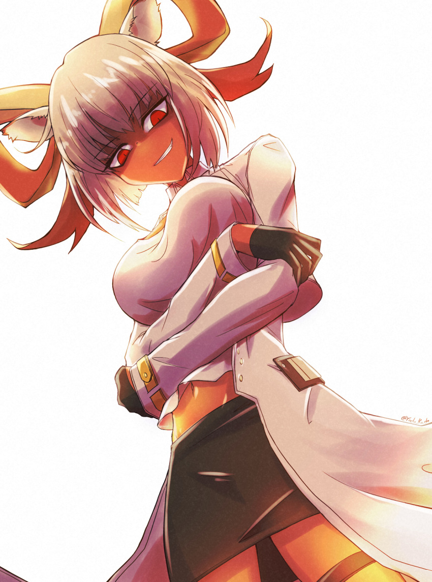 1girl animal_ears arknights arms_under_breasts backlighting black_skirt breasts carnelian_(arknights) crossed_arms dark-skinned_female dark_skin dutch_angle grey_hair grin highres horns jacket medium_breasts navel open_clothes open_jacket red_eyes shirt short_hair simple_background skirt smile solo white_background white_jacket white_shirt yodo_rado