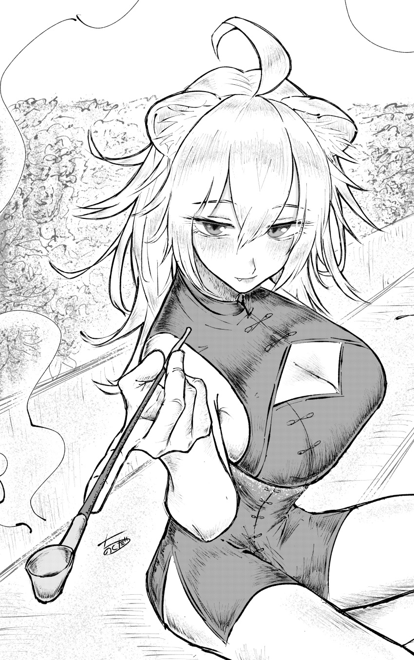 1girl absurdres ahoge alternate_costume animal_ears blush breasts china_dress chinese_clothes chinokuda cleavage cleavage_cutout closed_mouth clothing_cutout commentary dress fang feet_out_of_frame foreshortening from_side greyscale hair_between_eyes highres holding holding_smoking_pipe hololive kiseru large_breasts light_smile lion_ears long_hair looking_at_viewer monochrome shishiro_botan short_dress side_slit signature sitting sleeveless sleeveless_dress smoke smoking_pipe solo virtual_youtuber