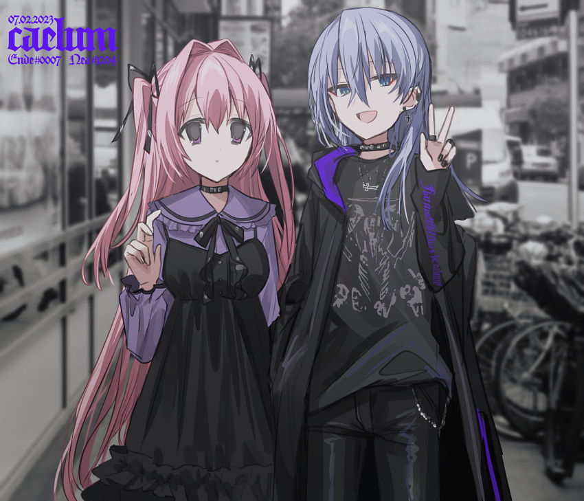 2girls :d :o bicycle black_choker black_dress black_jacket black_nails black_pants black_ribbon black_shirt blue_eyes blurry blurry_background character_name chihuri choker collared_shirt commentary_request cross cross_earrings dated depth_of_field dress ear_piercing earrings ende_(chihuri) frilled_dress frilled_shirt_collar frills grey_hair hair_between_eyes hair_intakes hair_ribbon hand_up highres hood hood_down hooded_jacket jacket jewelry long_sleeves multiple_girls nail_polish nea_(chihuri) open_clothes open_jacket original pants parted_lips photo_background piercing pink_hair puffy_long_sleeves puffy_sleeves purple_eyes purple_shirt ribbon shirt sleeveless sleeveless_dress smile standing two_side_up