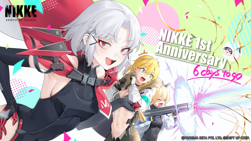 3girls black_leotard blonde_hair blue_eyes breasts cleavage closed_mouth confetti countdown drake_(nikke) elbow_gloves energy_cannon gloves goddess_of_victory:_nikke hand_on_own_hip highres holding holding_weapon laplace_(nikke) leotard looking_at_viewer maxwell_(nikke) medium_breasts multiple_girls official_art ohisashiburi open_mouth red_eyes sideboob smile surprised weapon white_hair