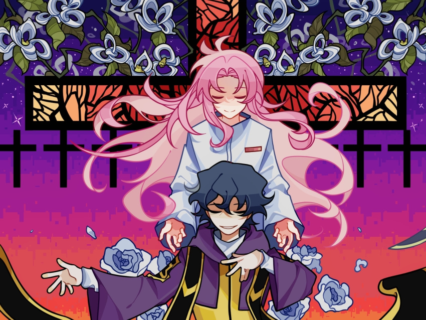 2boys blue_hair chinese_commentary closed_eyes closed_mouth commentary_request cross dark_blue_hair flower hand_on_own_chest hatsutori_hajime highres jidianzhonglingqiuninle long_hair long_sleeves male_focus multiple_boys no_nose parted_bangs pink_hair purple_robe robe rose saibou_shinkyoku shirt short_hair smile stained_glass stole utsugi_noriyuki white_flower white_rose white_shirt