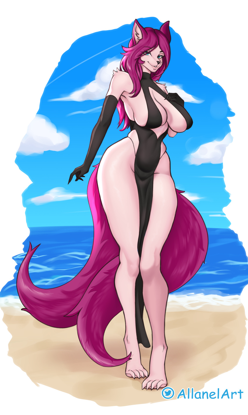 absurd_res allanel anthro canid canine clothed clothing dress female fox hair hi_res mammal pink_hair sea solo tail water