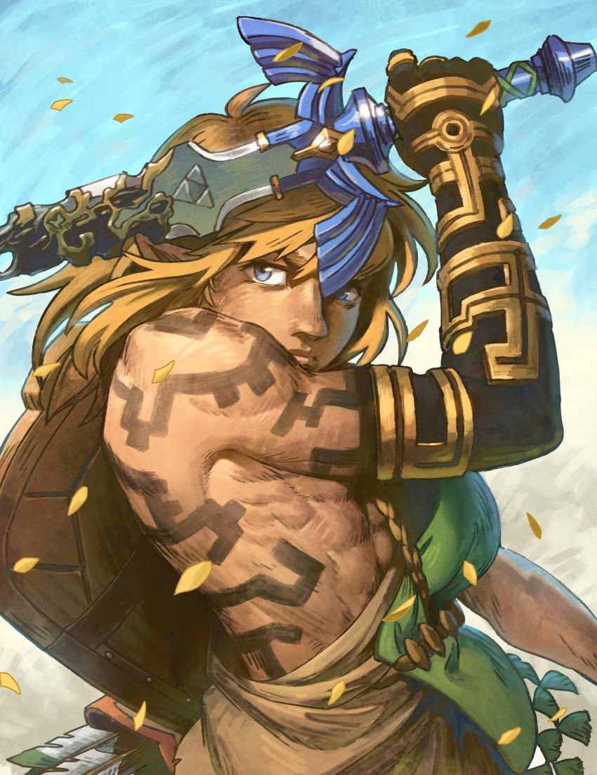 1boy absurdres arm_up arrow_(projectile) black_skin blue_eyes closed_mouth colored_skin from_side highres holding holding_weapon link looking_at_viewer male_focus malin_falch master_sword petals quiver shield shoulder_tattoo single_bare_shoulder solo tattoo the_legend_of_zelda the_legend_of_zelda:_tears_of_the_kingdom upper_body weapon