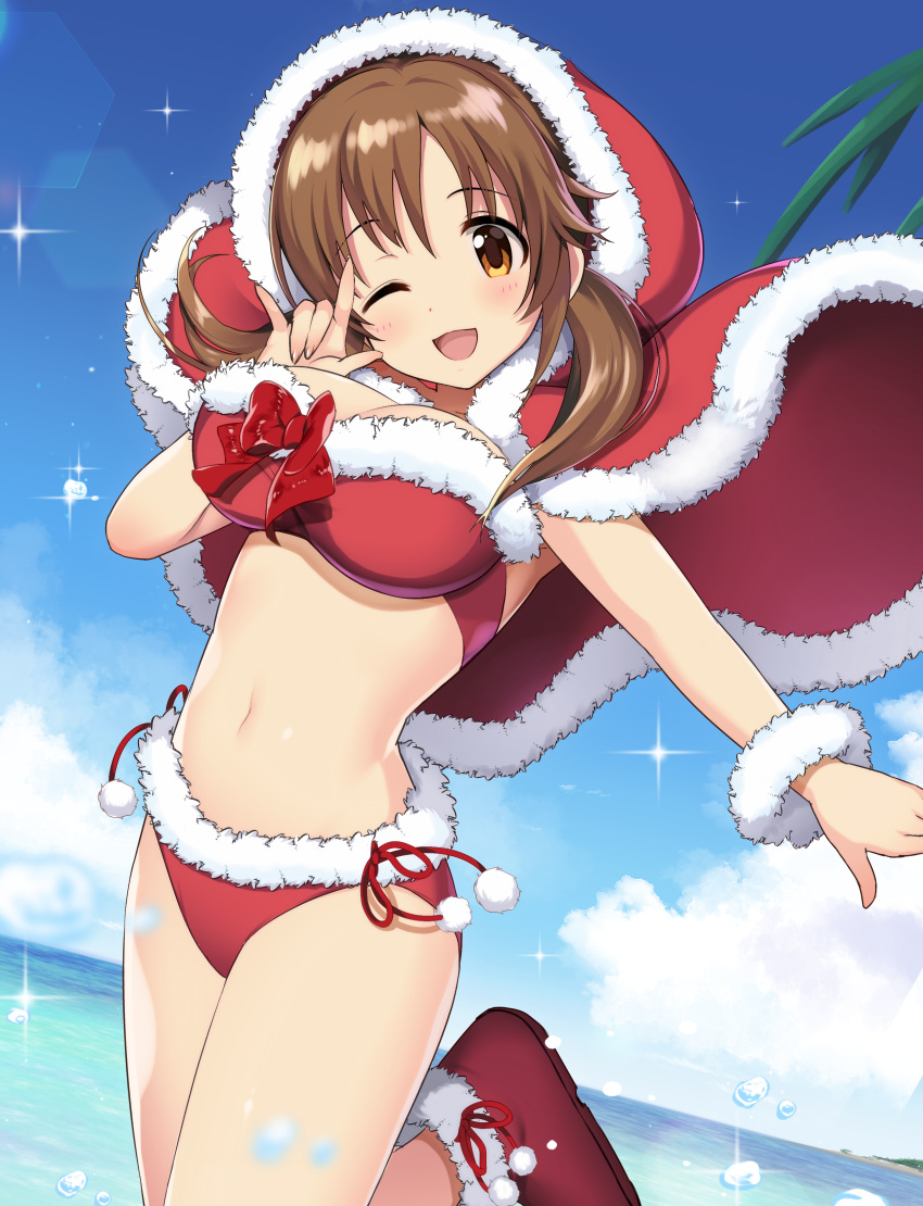 1girl ;d \m/ absurdres bare_shoulders bikini blue_sky blush boots bow bowtie breasts brown_eyes brown_hair cleavage cloud cowboy_shot day dot_nose fur-trimmed_bikini fur-trimmed_boots fur-trimmed_hood fur_bracelet fur_trim hand_up highres hood horizon idolmaster idolmaster_cinderella_girls idolmaster_cinderella_girls_starlight_stage large_breasts lens_flare long_hair looking_at_viewer midriff natsuya_(natuya777) navel ocean one_eye_closed open_mouth outdoors palm_tree red_bow red_bowtie red_footwear red_hood sky smile solo standing standing_on_one_leg swimsuit totoki_airi tree twintails