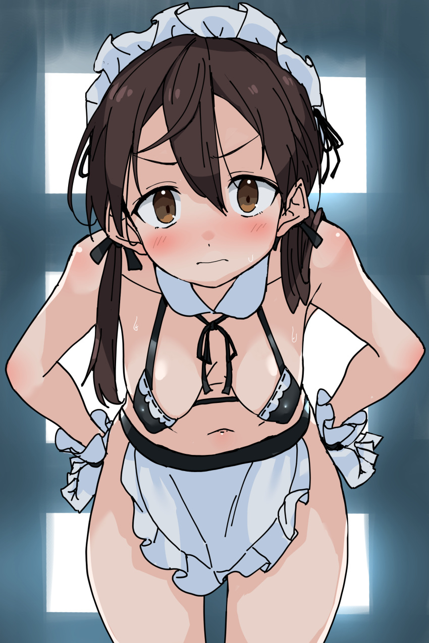 1girl absurdres alternate_costume apron bikini black_bikini blush breasts brown_eyes brown_hair buta-don enmaided gertrud_barkhorn gloves hands_on_own_hips hanging_breasts highres long_hair looking_at_viewer maid maid_apron maid_bikini maid_headdress medium_breasts navel solo strike_witches swimsuit twintails white_gloves world_witches_series