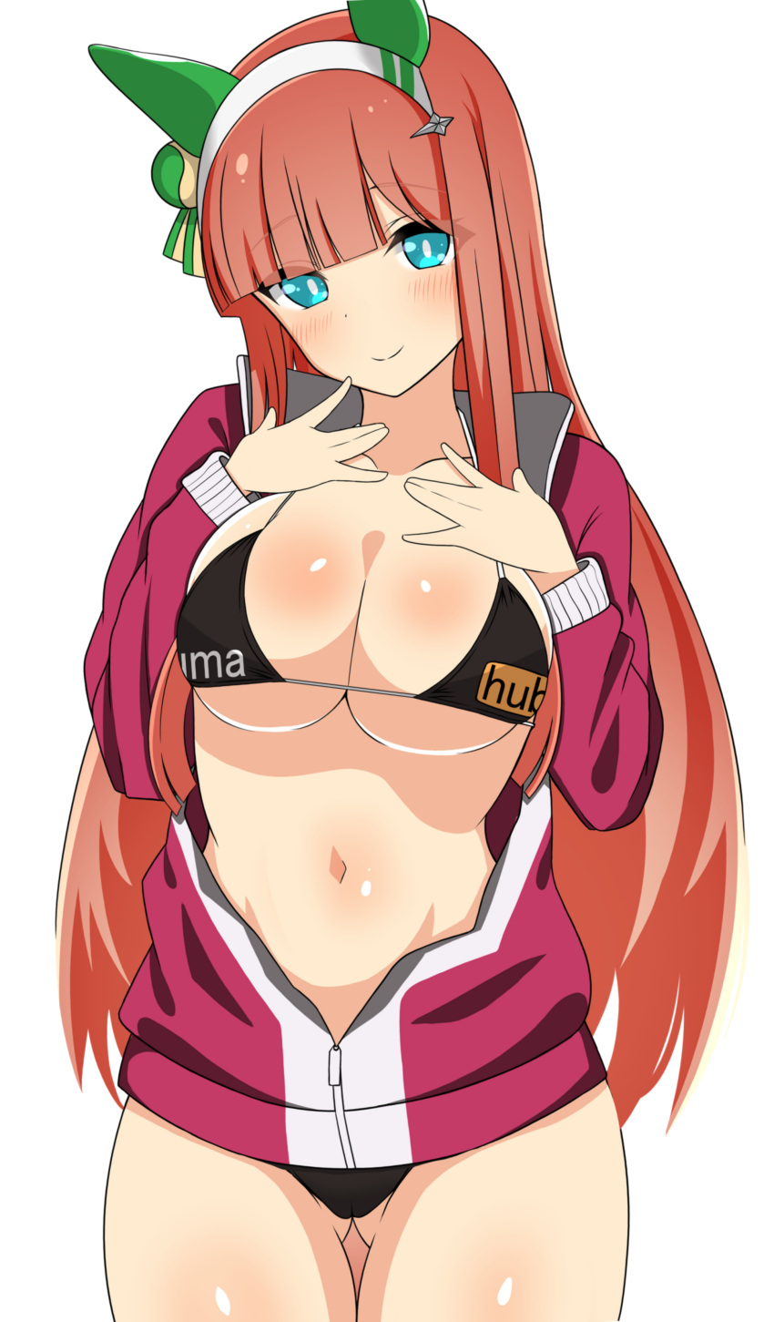 1girl absurdres alternate_breast_size alternate_costume animal_ears bikini blue_eyes brand_name_imitation breasts collarbone commentary_request commission hair_ornament headband highres horse_ears horse_girl horse_tail looking_at_viewer medium_breasts navel orange_hair pixiv_commission ponzu005 pornhub silence_suzuka_(umamusume) smile solo swimsuit tail umamusume white_background