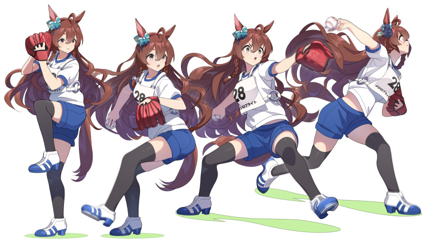 1girl absurdres ahoge animal_ears baseball baseball_mitt black_thighhighs blue_shorts braid breasts brown_eyes brown_hair closed_mouth ear_bow floating_hair full_body hair_between_eyes high_heels highres horse_ears horse_girl horse_tail long_hair looking_afar mejiro_bright_(umamusume) motion_blur multiple_views navel nishiki_kazue open_mouth original_race_uniform_(umamusume) pitching race_bib sequential shirt shoes short_sleeves shorts small_breasts smile sneakers standing standing_on_one_leg tail thighhighs throwing umamusume v-shaped_eyebrows white_background white_shirt