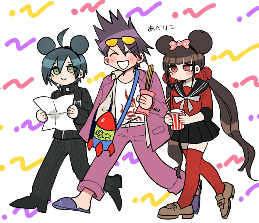 1girl 2boys :d abe_riko black_hair black_skirt brown_eyes brown_footwear brown_hair collarbone cup danganronpa_(series) danganronpa_v3:_killing_harmony drinking_straw facial_hair full_body goatee grin hair_ornament hair_scrunchie harukawa_maki highres holding holding_cup jacket long_hair long_sleeves male_focus mickey_mouse_ears miniskirt momota_kaito multiple_boys open_clothes pants pink_pants pleated_skirt print_shirt purple_hair red_eyes red_scrunchie red_thighhighs rocket saihara_shuichi scrunchie shirt short_hair skirt smile spiked_hair striped striped_jacket striped_pants sweatdrop thighhighs translation_request twintails white_shirt