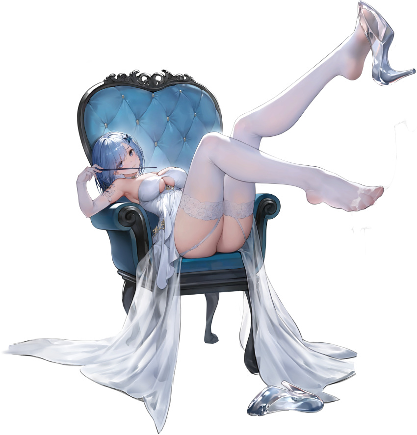 1girl absurdres armpits azur_lane bare_shoulders baton_(conducting) blue_eyes blue_hair blush breast_cutout breasts chapayev_(azur_lane) chapayev_(melody_of_the_white_cavalier)_(azur_lane) dress elbow_gloves feet foot_focus foreshortening garter_straps glass_slipper gloves gujianshaonu hair_ornament high_heels highres instrument lace-trimmed_legwear lace_trim large_breasts legs looking_at_viewer no_shoes official_art on_chair shoe_dangle shoes short_hair single_shoe smile soles solo strapless strapless_dress thighhighs thighs toes white_thighhighs