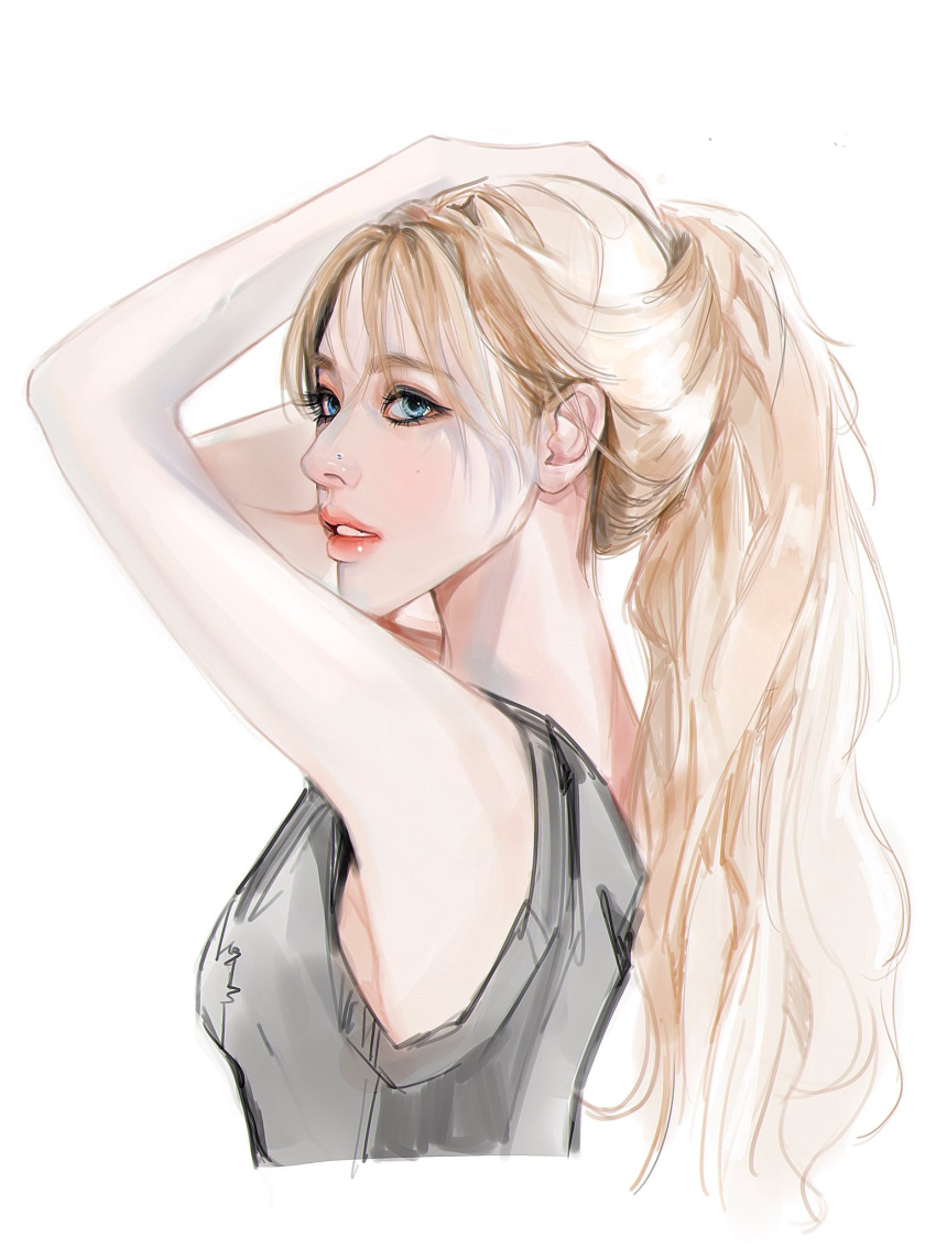 1girl aespa blonde_hair blue_eyes cropped_torso from_side grey_shirt hair_behind_ear hand_on_own_head highres k-pop karina_(aespa) long_hair looking_at_viewer nose parted_lips ponytail real_life realistic shirt sleeveless sleeveless_shirt solo white_background xiaoya_(horsesmallduck)