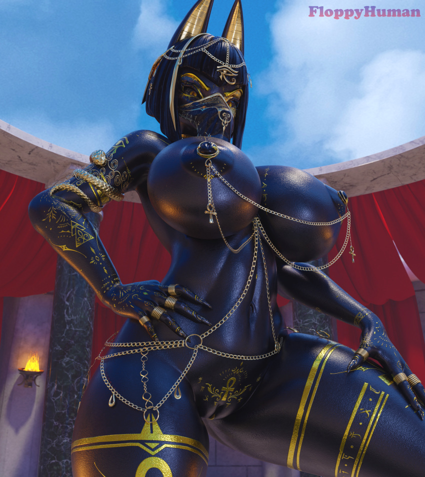 absurd_res anthro anubian_jackal anubis_(bom39) big_breasts black_body breasts canid canine canis chain female floppyhuman genitals gold_(metal) gold_chain hand_on_hip hi_res jackal looking_at_viewer mammal nipples nude pussy solo