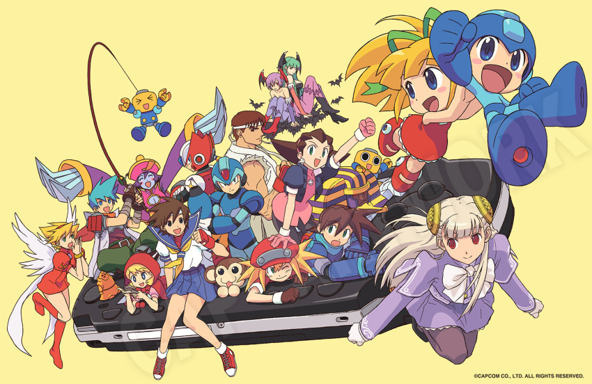 6+boys 6+girls anakaris angel_wings animal_print artist_request bat_print blonde_hair blue_sailor_collar blue_skin breasts breath_of_fire breath_of_fire_iii bulleta capcom capcom_fighting_jam cleavage colored_skin company_connection crossover data_(mega_man) everyone hairpods handheld_game_console ingrid_(capcom) kasugano_sakura large_breasts lei_lei lilith_aensland mega_man_(character) mega_man_(classic) mega_man_(series) mega_man_legends mega_man_x_(series) morrigan_aensland multiple_boys multiple_girls nina_(breath_of_fire_iii) official_art pantyhose playstation_portable print_pantyhose roll_(mega_man) ryu_(street_fighter) ryuu_(breath_of_fire_iii) sailor_collar servbot_(mega_man) short_hair street_fighter tron_bonne_(mega_man) vampire_(game) watermark white_wings wings yellow_background zero_(mega_man)