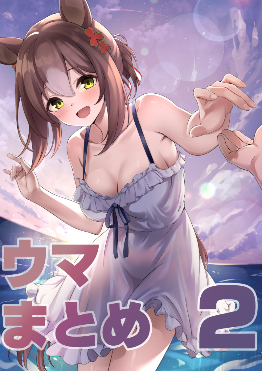 1girl 1other animal_ears armpits bare_shoulders beach breasts cleavage cloud cloudy_sky clover_hair_ornament collarbone commentary_request dress fine_motion_(umamusume) hair_between_eyes hair_bun hair_ornament herohero_(higashi_no_dou) highres horse_ears horse_girl horse_tail lens_flare medium_breasts multicolored_hair ocean outdoors outstretched_hand sky solo_focus streaked_hair tail translation_request umamusume water white_dress white_hair