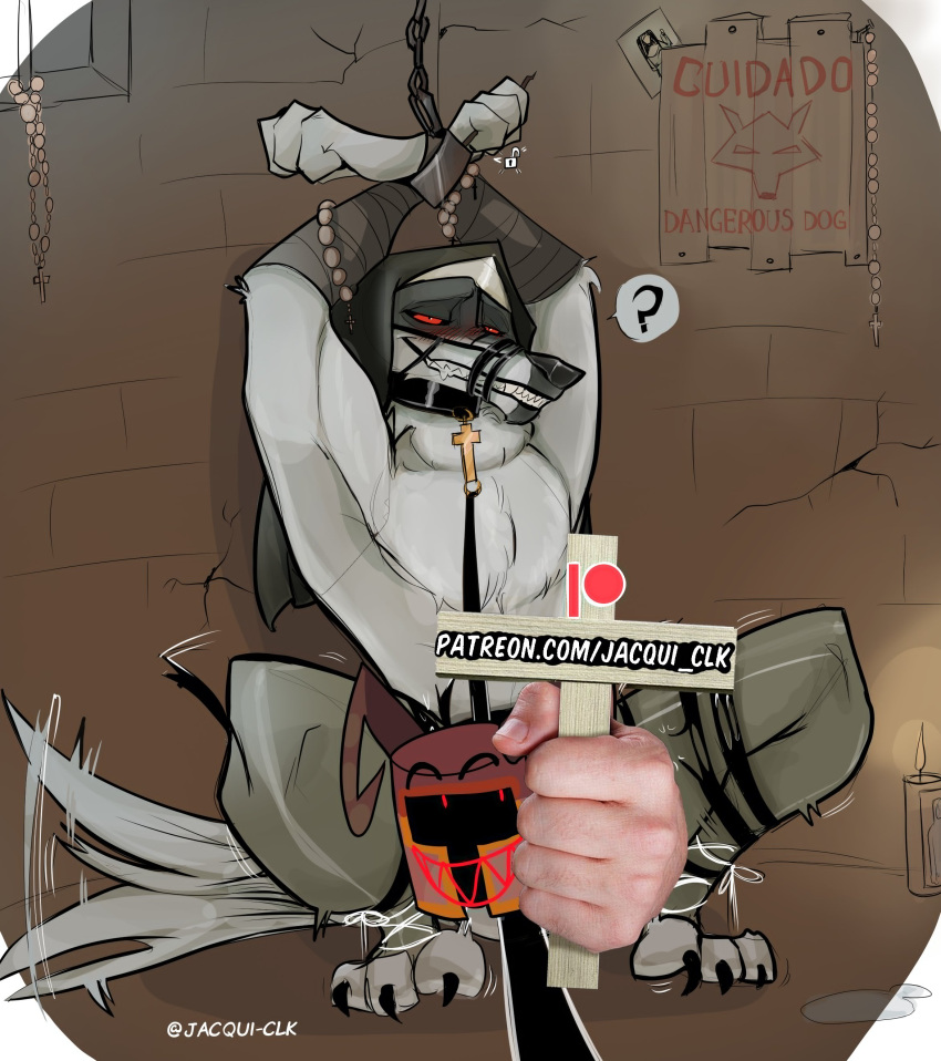 absurd_res anthro armband armwear barefoot black_claws black_nose black_pupils black_sclera blush blush_lines bound candle canid canine canis censor_bar censored censored_genitalia censored_penis chain chain_leash chained chained_up claws clothed clothing collar cross crossdressing crouching cuff_(restraint) death_(puss_in_boots) dreamworks english_text facial_markings feet fire fist fluffy fur grey_body grey_fur grin half-closed_eyes half_clothed half_naked handcuffed handcuffs head_markings hi_res inside jacqui_clk leash leashed_collar liquid looking_at_viewer male mammal markings mask_(marking) metal_cuffs narrowed_eyes no_shoes pupils puss_in_boots_(film) puss_in_boots_the_last_wish question_mark red_eyes restraints shadow sharp_claws sharp_teeth sign signature smile smirk solo spread_legs spreading string tail tail_motion tailwag teeth text undressed wall_(structure) white_body white_fur white_pupils window wolf