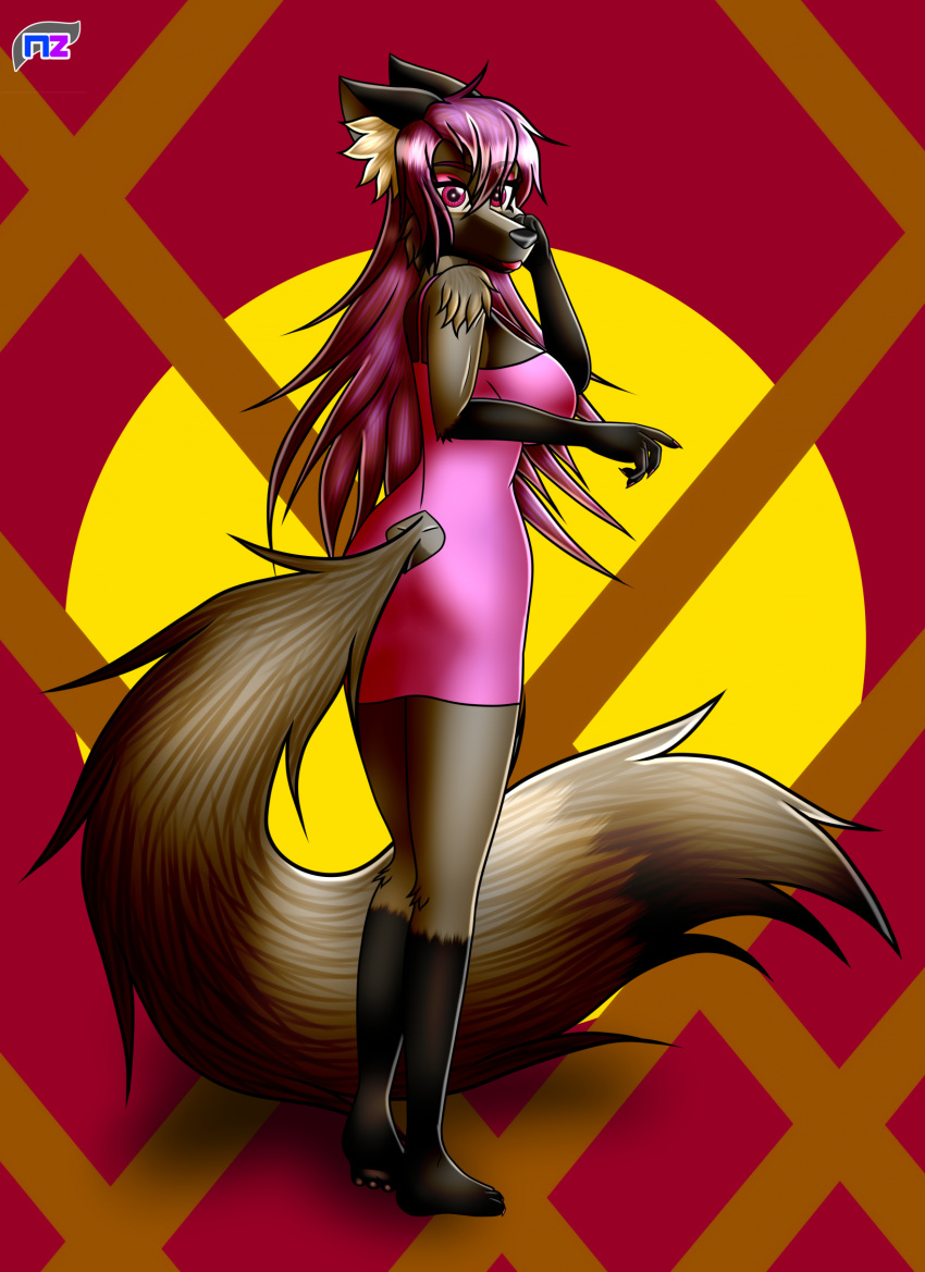 anthro canid canine clothing colored_nails female fluffy fluffy_tail fox hair hi_res lingerie lipstick long_hair makeup mammal nails newzorra niti_morgan-zorra pawpads purple_hair red_eyes red_fox silver_fox solo tail