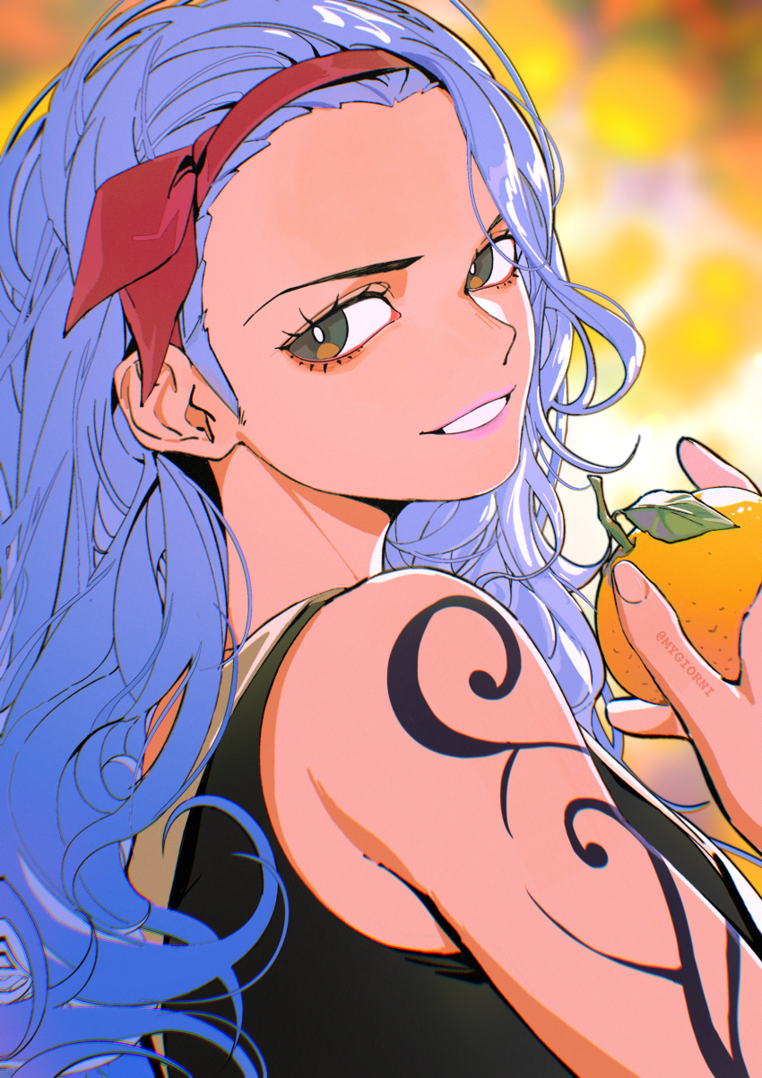 1girl absurdres arm_tattoo bare_shoulders blue_hair food fruit hairband highres holding holding_food holding_fruit lipstick long_hair looking_at_viewer makeup mygiorni nojiko one_piece orange_(fruit) pink_lips red_hairband smile solo tattoo teeth wavy_hair