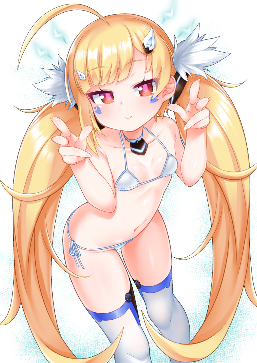 1girl ahoge asymmetrical_bangs azur_lane bare_arms bare_shoulders bikini blonde_hair blunt_bangs breasts choker closed_mouth collarbone eldridge_(azur_lane) eyelashes facial_mark feet_out_of_frame hair_ornament hairclip hands_up highres kirisame_mia leaning_forward light_blush long_hair looking_at_viewer micro_bikini navel red_eyes side-tie_bikini_bottom small_breasts smile solo standing string_bikini swimsuit thighhighs twintails very_long_hair white_background white_bikini white_choker white_thighhighs