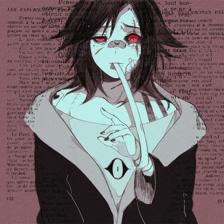 1boy bandaged_wrist bandages bandaid bandaid_on_face bandaid_on_nose bandaid_on_shoulder black_hair black_sclera closed_mouth collarbone colored_sclera crescent_print english_commentary eye_print frown greyscale_with_colored_background half-closed_eye heart heart_print holding_bandages hood hooded_jacket hoshi-pan inktober jacket looking_at_viewer medium_hair mouth_hold nail_polish off-shoulder_shirt off_shoulder original outstretched_hand red_background red_eyes scar scar_across_eye scar_on_face scar_on_shoulders shirt slit_pupils spot_color tearing_up text_background upper_body