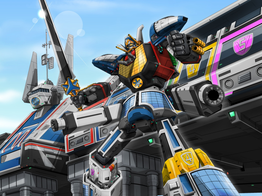 gattai gun highres holding holding_sword holding_weapon humanoid_robot kyuukyuu_sentai_gogofive max_victory_robo mecha monmon_(monban) power_rangers_lightspeed_rescue robot science_fiction super_robot super_sentai sword tokusatsu weapon yellow_eyes