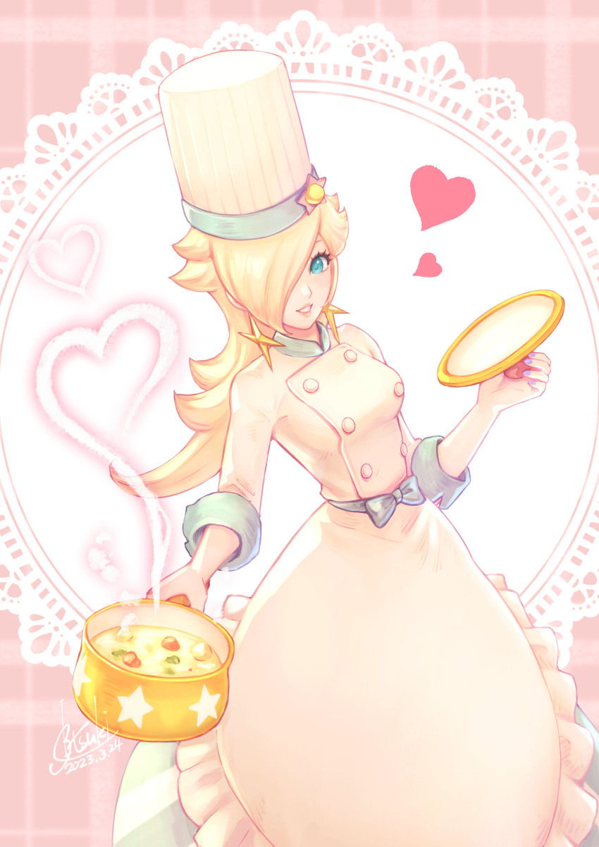 1girl absurdres apron aqua_eyes artist_name blonde_hair blue_bow blue_nails blush bow buttons chef chef_hat commentary_request dated double-breasted dress earrings english_commentary eyelashes fingernails food frilled_apron frills gem hair_over_one_eye hat heart highres holding_saucepan jewelry lid long_hair long_sleeves looking_at_viewer mario_(series) mario_kart mario_kart_tour mixed-language_commentary nail_polish official_alternate_costume one_eye_covered parted_bangs parted_lips pink_background plaid plaid_background rosalina rosalina_(chef) saucepan saucepan_lid signature sleeves_rolled_up smile solo soup star_(symbol) star_earrings steam swept_bangs tsuki_(applebeniakari) waist_apron white_apron white_dress white_headwear