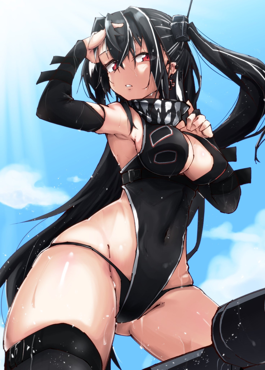 1girl adjusting_hair arm_up armpits ass_visible_through_thighs azur_lane black_hair black_leotard black_panties black_sleeves black_thighhighs blue_sky breasts cloud cloudy_sky covered_navel cross cross_earrings detached_sleeves earrings groin highres iron_cross jewelry large_breasts leotard long_hair looking_at_viewer multicolored_hair one_side_up outdoors panties parted_lips red_eyes sky solo streaked_hair tenteru thighhighs u-47_(azur_lane) underwear wet white_hair