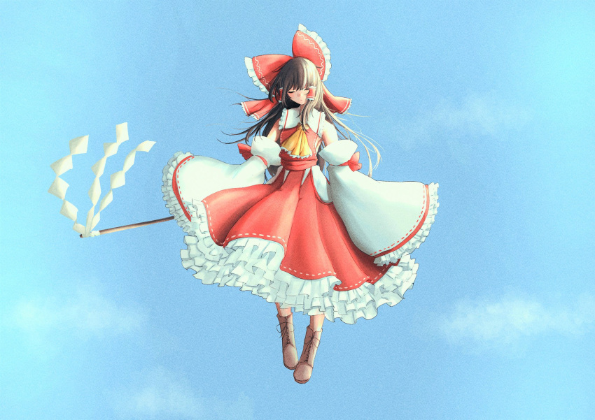 1girl adapted_costume ascot bare_shoulders boots bow breasts brown_hair closed_eyes cloud commentary_request day detached_sleeves eyebrows_hidden_by_hair facing_viewer floating frilled_bow frilled_hair_tubes frilled_shirt_collar frills full_body gohei gradient_background hair_bow hair_tubes hakurei_reimu highres holding holding_stick light_blue_background long_hair long_sleeves medium_breasts mesuosushi midair outdoors red_bow red_skirt red_vest sideboob simple_background skirt skirt_set sky sleeves_past_fingers sleeves_past_wrists solo stick straight-on touhou very_long_hair vest wide_sleeves yellow_ascot