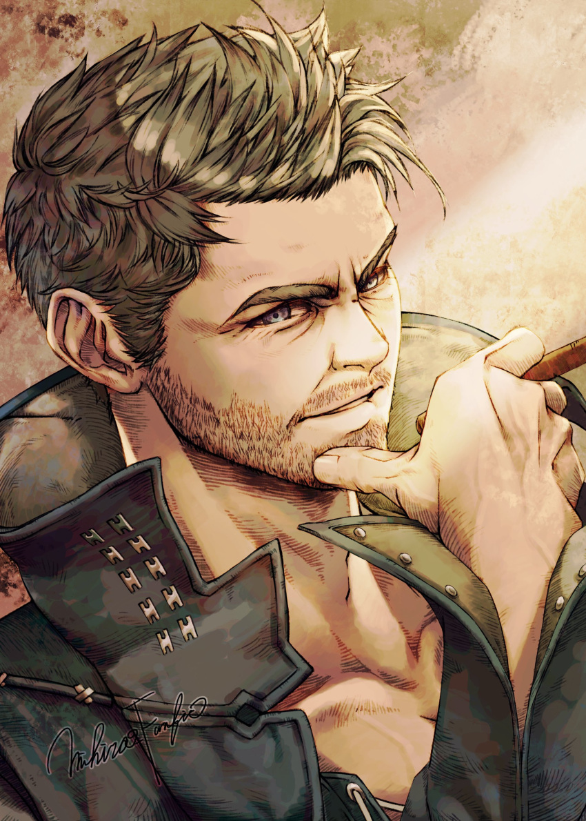 1boy absurdres beard_stubble blonde_hair cidolfus_telamon cigar collarbone final_fantasy final_fantasy_xvi from_side hand_on_own_chin highres looking_ahead male_focus mature_male mihira_(tainosugatayaki) mustache_stubble short_hair sideburns solo stroking_own_chin thick_eyebrows upper_body veiny_pectorals