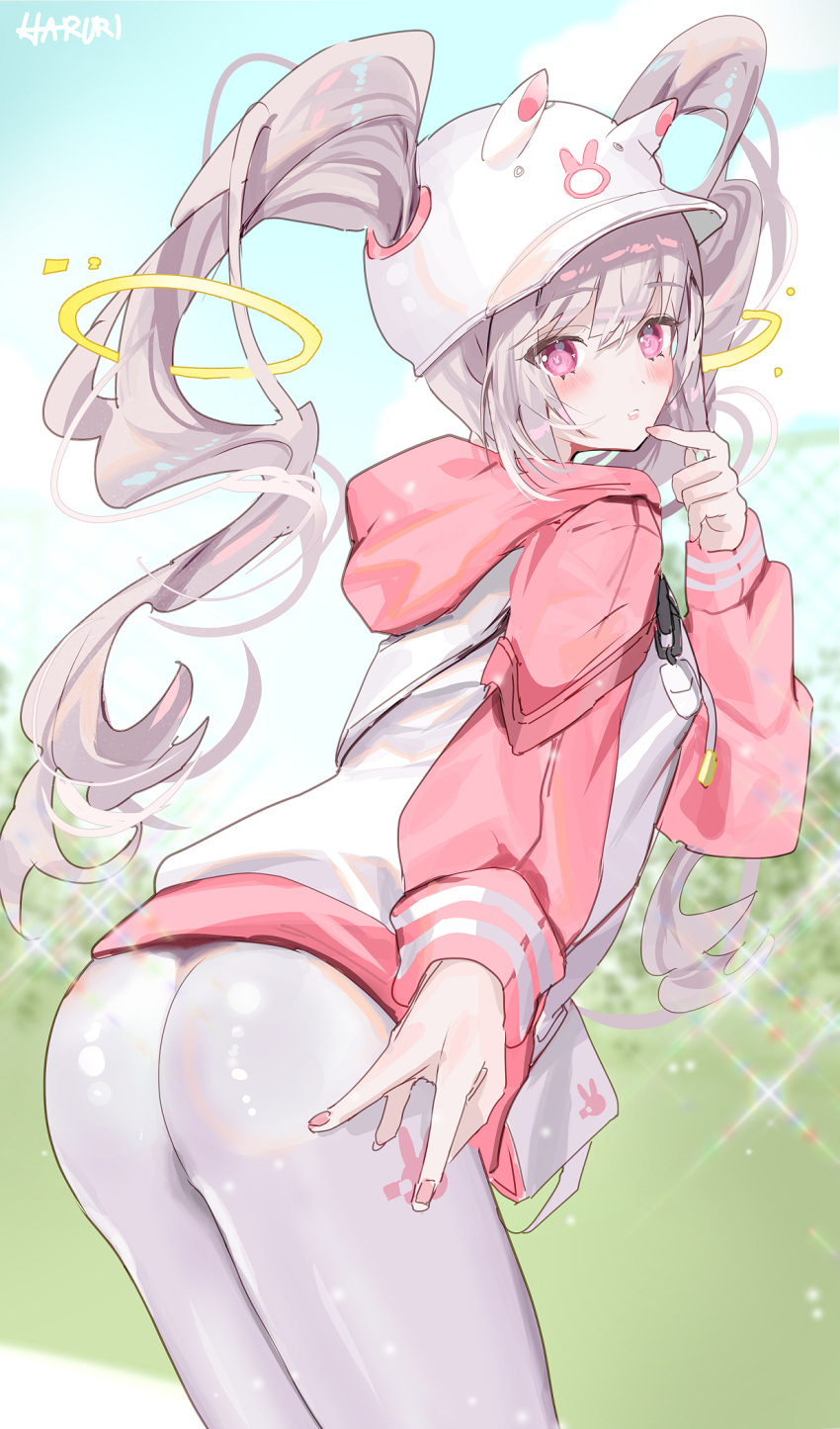 1girl alice_(nikke) alice_(sweet_home)_(nikke) animal_ear_headwear animal_ears animal_hat animal_print ass baseball_cap blush floating_hair_ornament goddess_of_victory:_nikke hair_through_headwear hands_on_own_chin haruri hat highres hood hood_down hoodie long_hair long_sleeves looking_at_viewer official_alternate_costume pants pink_eyes pink_hoodie pink_sleeves rabbit_hat rabbit_print shoulder_strap sidelocks twintails two-tone_hoodie white_hoodie yoga_pants