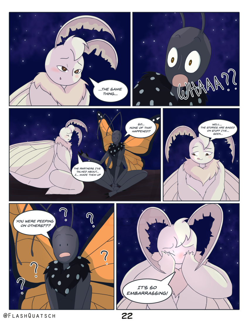 antennae_(anatomy) anthro arthropod black_body black_skin butterfly comic_panel dialogue dot_eyes duo eyes_closed flashquatsch glowing glowing_eyes hand_on_face hi_res insect insect_wings kneeling lepidopteran lepidopteran_wings male male/male monarch_butterfly moth multi_arm multi_limb open_mouth orange_wings rey_(flashquatsch) sitting sky speech_bubble star starry_sky tuft valentino_(flashquatsch) white_body white_skin white_wings wings