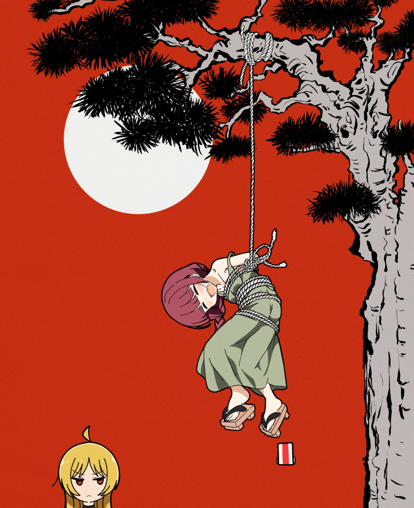 2girls absurdres ahoge alcohol alcohol_carton blonde_hair bocchi_the_rock! bound braid carton closed_eyes commentary_request dress full_moon geta goumonsha green_dress hanafuda hanging hanging_from_tree highres hiroi_kikuri ijichi_seika long_hair moon multiple_girls purple_hair red_background red_eyes rope sharp_teeth single_braid teeth tied_up_(nonsexual) tree