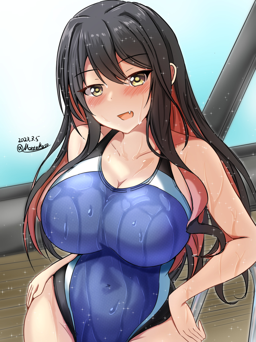 1girl absurdres black_hair black_one-piece_swimsuit blue_one-piece_swimsuit blush breasts colored_inner_hair competition_swimsuit dated day destroyer highleg highleg_swimsuit highres impossible_clothes impossible_swimsuit indoors kantai_collection large_breasts long_hair military military_vehicle montemasa multicolored_clothes multicolored_hair multicolored_swimsuit naganami_(kancolle) one-hour_drawing_challenge one-piece_swimsuit open_mouth pink_hair pool_ladder rei_no_pool ship smile solo swimsuit twitter_username two-tone_hair two-tone_swimsuit warship watercraft wet wet_clothes wet_swimsuit window yellow_eyes