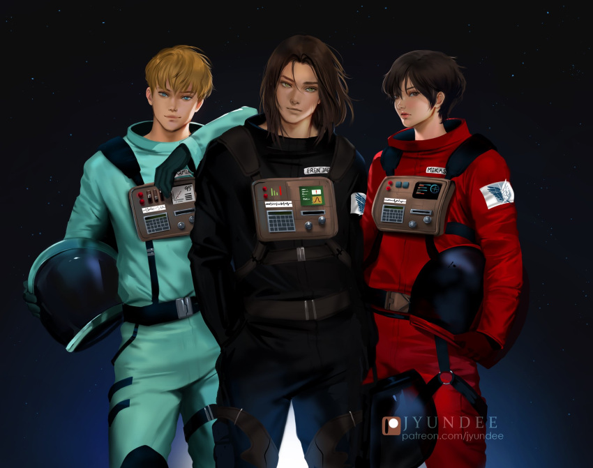 1girl 2boys among_us armin_arlert astronaut black_gloves blonde_hair blue_eyes brown_eyes brown_hair crossover eren_yeager gloves green_eyes highres jyundee long_sleeves looking_at_viewer medium_hair mikasa_ackerman multiple_boys realistic shingeki_no_kyojin short_hair smile space_helmet spacesuit standing