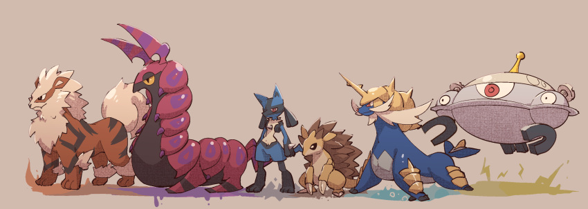 arcanine black_eyes bright_pupils claws closed_mouth commentary_request from_side highres himurohiromu horns lucario magnet magnezone pokemon pokemon_(creature) red_eyes red_pupils samurott sandslash scolipede standing white_pupils yellow_eyes