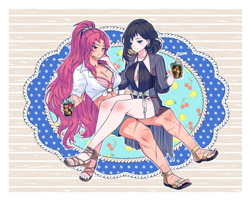 2girls bikini binah_(project_moon) black_eyes black_hair black_jacket black_one-piece_swimsuit blue_shorts breasts closed_mouth cup gebura_(project_moon) high_ponytail highres holding holding_cup invisible_chair jacket kazu1010 library_of_ruina long_hair medium_breasts multiple_girls one-piece_swimsuit parted_bangs pink_bikini project_moon red_hair sandals scar scar_on_leg see-through see-through_jacket shirt shorts sidelocks sitting smile swimsuit very_long_hair white_shirt