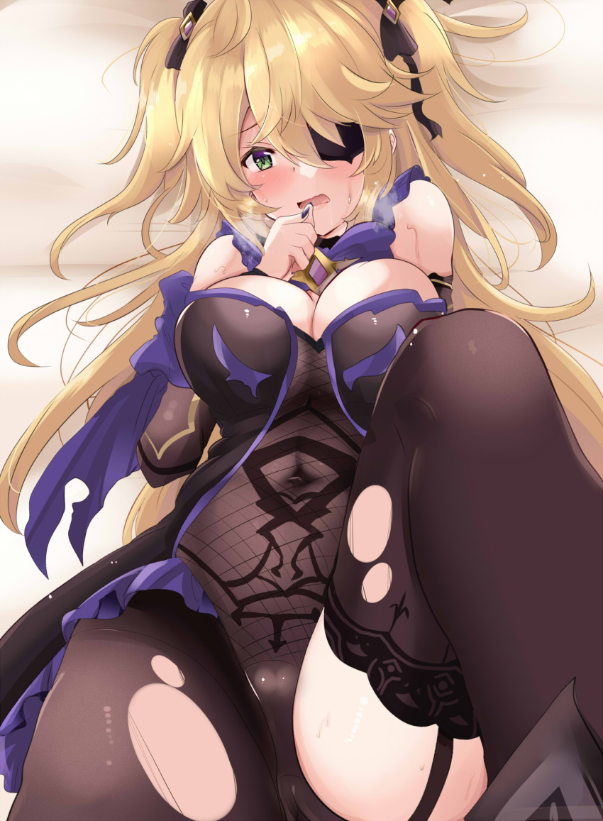 1girl bare_shoulders black_footwear black_ribbon blonde_hair blush bow bowtie breasts collar eyepatch fischl_(genshin_impact) garter_straps genshin_impact gloves green_eyes hair_over_one_eye hair_ribbon highres leotard long_hair looking_at_viewer lying medium_breasts nervous on_back on_bed open_mouth pantyhose purple_bow purple_bowtie ribbon single_sleeve single_thighhigh solo tailcoat thighhighs tonchinkan torn_clothes torn_pantyhose torn_thighhighs two_side_up