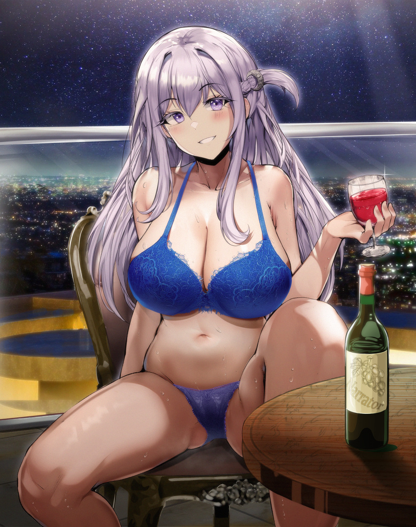 1girl alcohol balcony bare_shoulders blue_bra blue_panties blush bottle bra braid breasts cityscape cleavage collarbone commission commissioner_upload crescent crescent_hair_ornament cup drinking_glass floating_hair french_braid hair_ornament hairpin highres holding holding_cup lace lace_bra lace_panties large_breasts long_hair looking_at_viewer navel night night_sky on_chair original panties purple_eyes purple_hair sitting sky solo star_(sky) starry_sky straight_hair swept_bangs t3x table underwear underwear_only wine wine_bottle wine_glass wooden_table