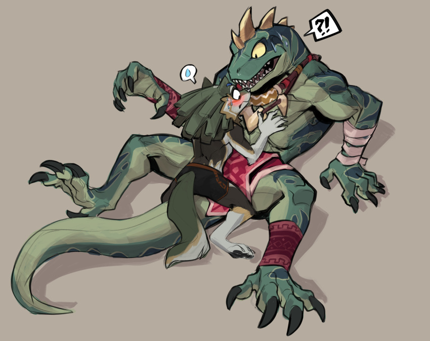anthro blush canid canine canis duo elranno hi_res humanoid link_(wolf_form) lizalfos lizard male male/male mammal nintendo on_top on_top_of reptile scalie spread_legs spreading straddling the_legend_of_zelda wolf