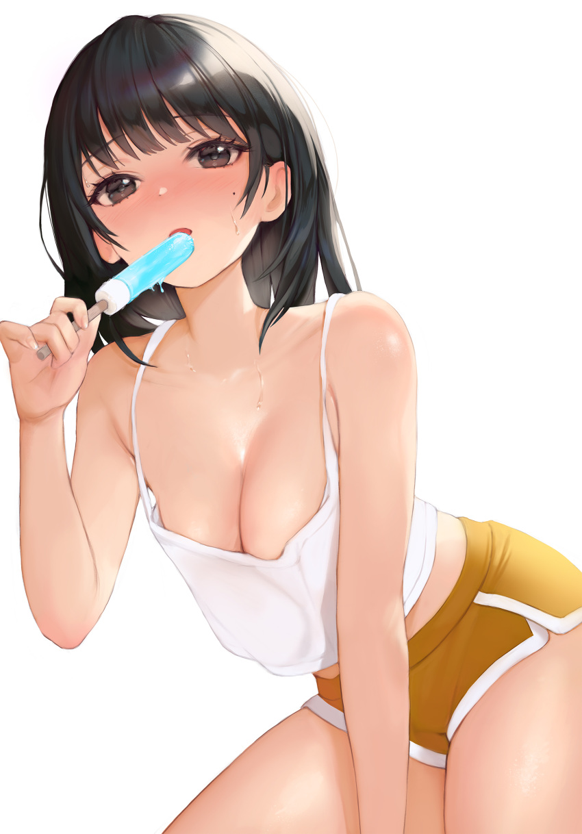 1girl absurdres bare_shoulders black_eyes black_hair blush breasts camisole cleavage collarbone commentary eating eyelashes food highres holding holding_food holding_popsicle large_breasts medium_hair mole mole_under_eye open_mouth original popsicle raeun_46 short_shorts shorts simple_background solo sweat thighs white_background white_camisole yellow_shorts