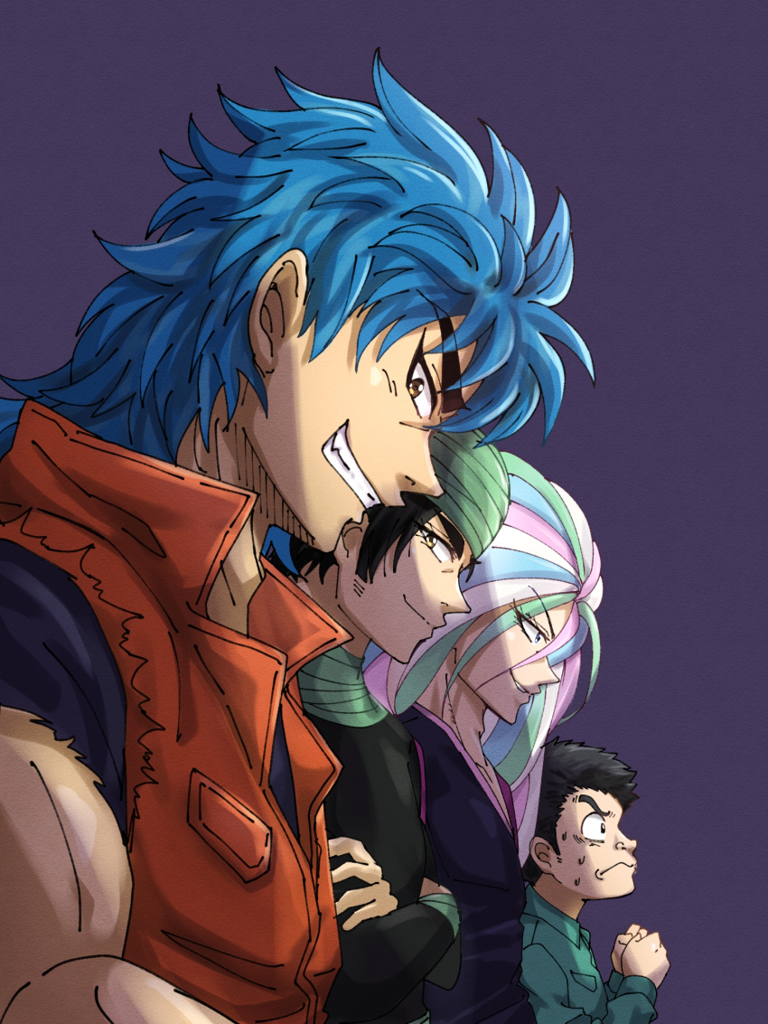 4boys adam's_apple bags_under_eyes biceps bishounen black_hair black_shirt blue_background blue_hair blue_shirt blue_undershirt clenched_hands coco_(toriko) commentary_request cowlick crossed_arms frown green_hair green_shirt green_wristband grimace highres komatsu_(toriko) light_blue_hair lineup long_eyelashes long_hair looking_at_viewer medium_hair messy_hair mullet multicolored_hair multiple_boys muscular nervous orange_vest partial_commentary pink_hair popped_collar profile shadow shirt short_hair simple_background smile smirk smug sunny_(toriko) sweatdrop sweater_vest toriko toriko_(series) torn_clothes torn_shirt torn_sweater_vest tsurime turban very_long_hair vest yellow_eyes yh6_wjou