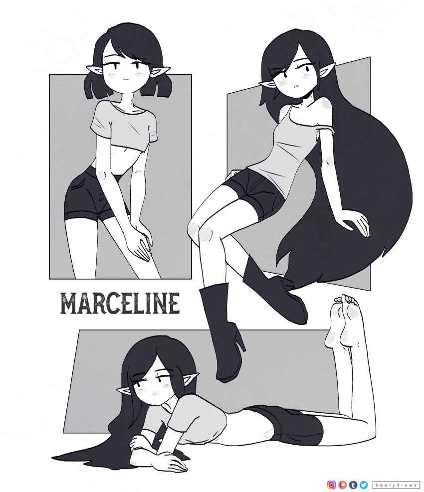 1girl absurdres adventure_time alternate_hair_length alternate_hairstyle artist_name bare_shoulders barefoot black_hair black_shorts boots breasts character_name crop_top grey_shirt high_heels highres instagram_logo keetydraws long_hair looking_at_viewer marceline_abadeer multiple_views off_shoulder patreon_logo pointy_ears shirt short_hair short_sleeves shorts small_breasts tank_top tumblr_logo twitter_logo